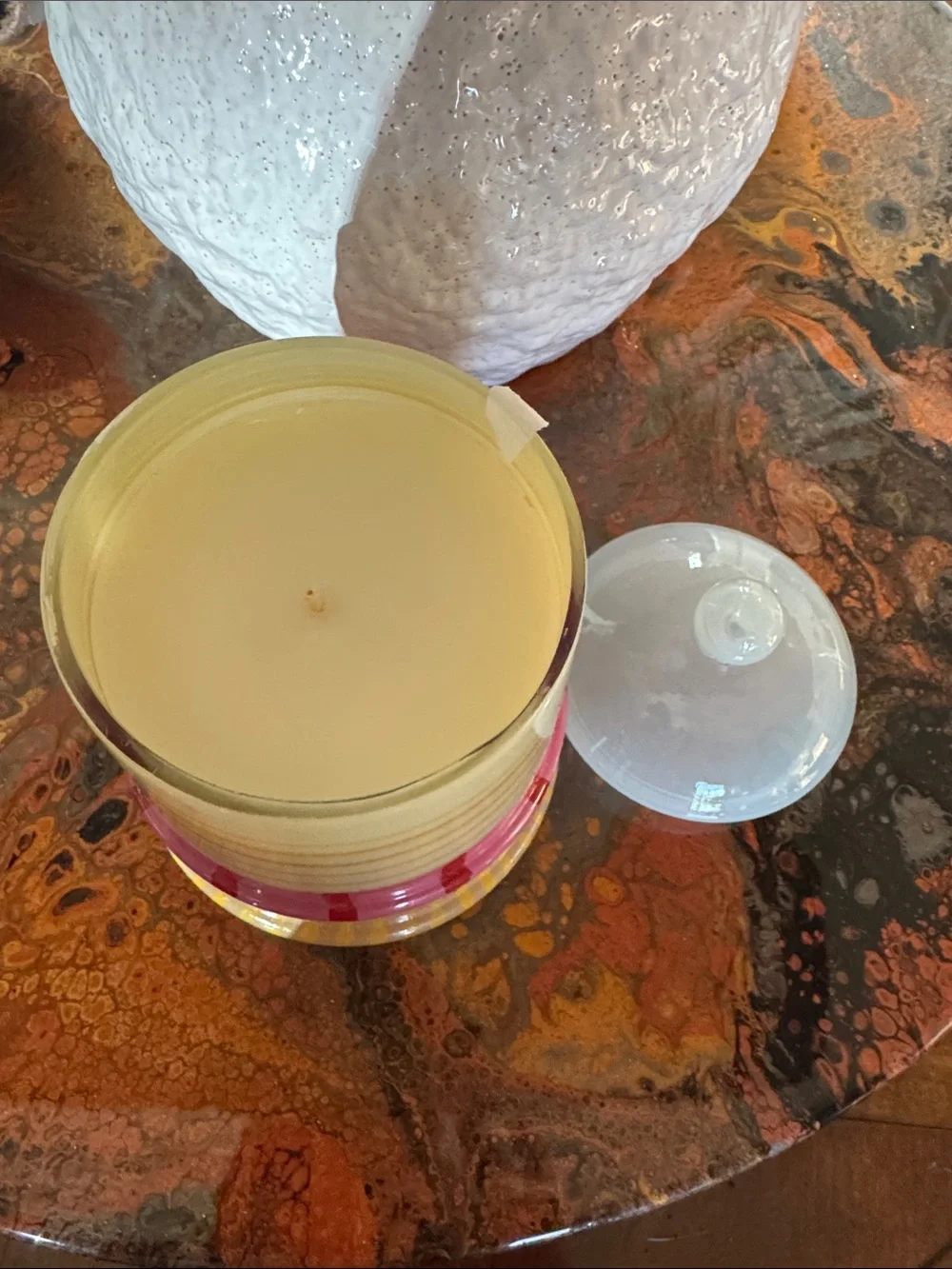 Anthropologie Pink Yellow Striped Ceramic Lidded Candle Holder